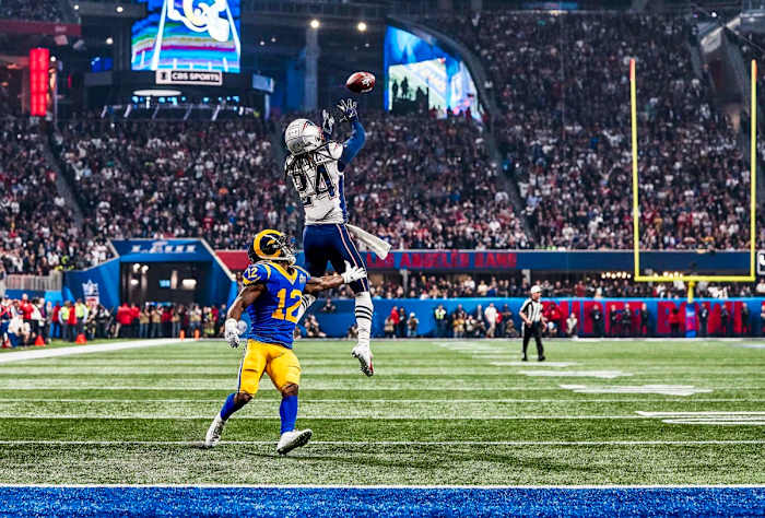 Stephon Gilmore leaps for an interception against the Rams in Super Bowl LIII